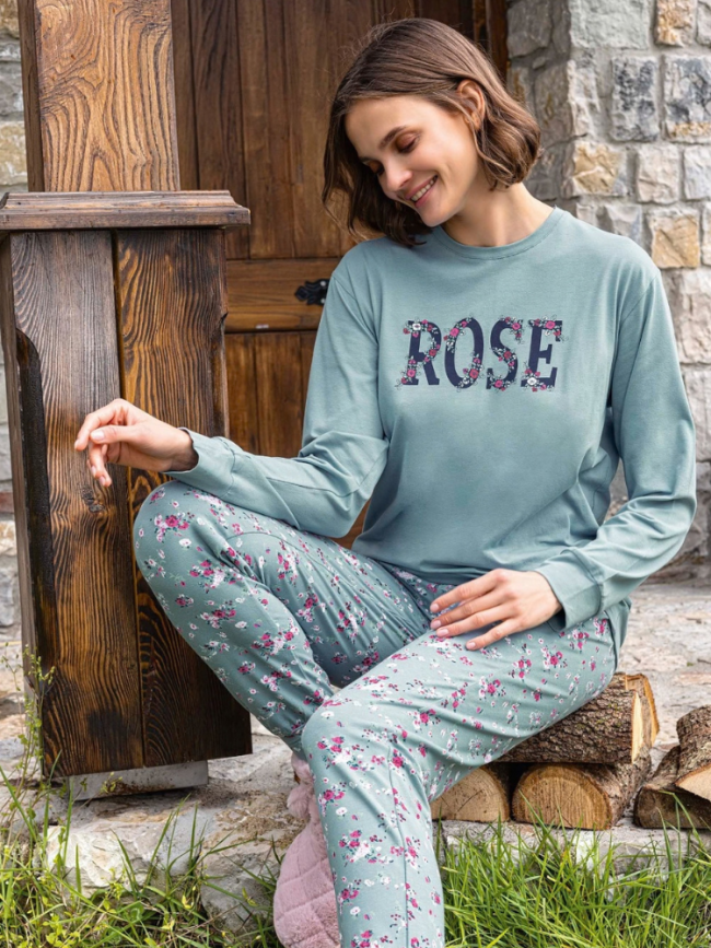 Дамска памучна пижама с дълъг ръкав ROSE в ментов цвят на цветя Arnica Group